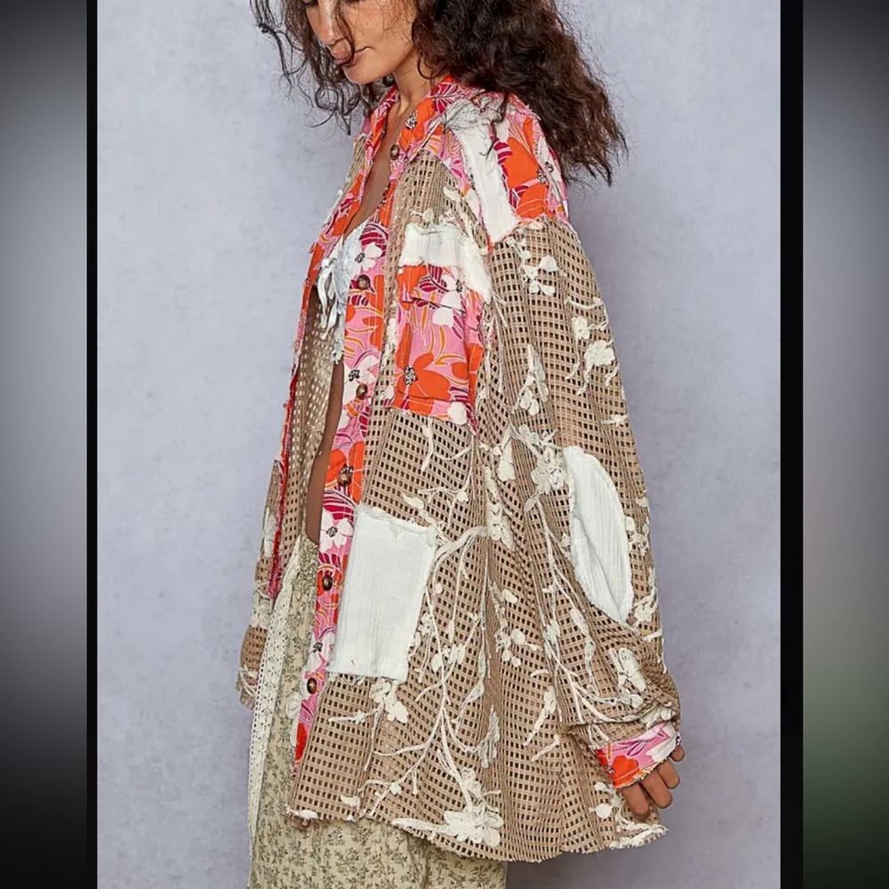 Boho Patchwork Open Front Shirt Jacket - Pink Multicolor - Picture 3 of 10